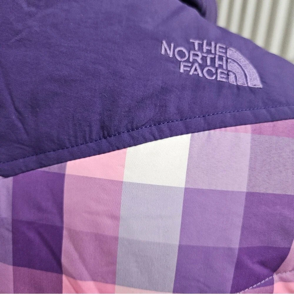 The North Face Plaid Quilted Puff Vest in Purple / Pink